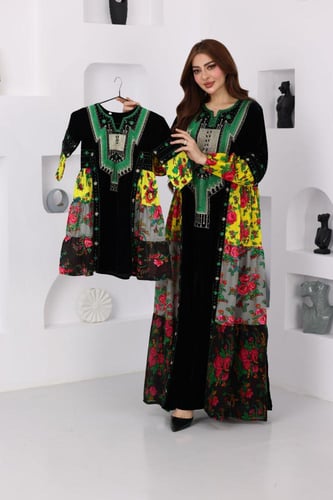 جلابية مخمل بناتية بتطريز عسيري وتداخل الكلفة الجن...