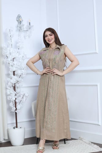 جلابية لينن خيش كت قطعتين بتطريز أنيق