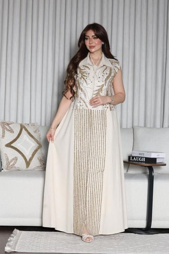 جلابية لينن كت قطعتين بتطريز فخم