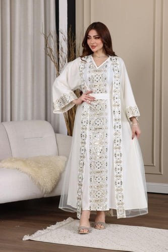 جلابية كويتية لينن قطعتين وبشت من التل المطرز