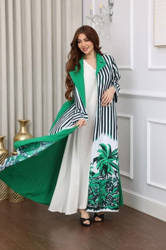 جلابية قطعتين مقلمة بمطبوعات التراث السعودي ( النخ...