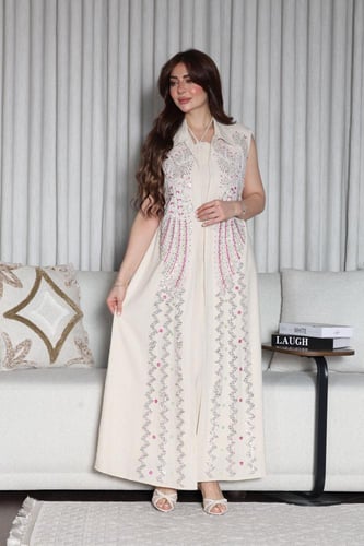 جلابية لينن كت قطعتين بتطريز فخم