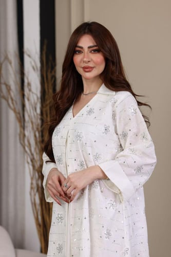 جلابية كويتية لينن بتطريز كمبيوتر ممزوج بالترتر