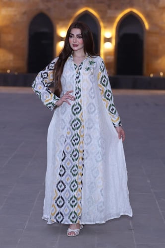 جلابية لينن خيش خفيف قطعتين بتطريز أنيق جمل ونخل ف...