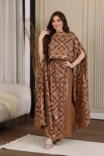 جلابية كويتية لينن قطعتين بتطريز كمبيوتر ممزوج بال...