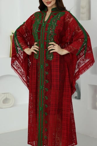 جلابية دانتيل كاروهات فراشة بتطريز مغربي أنيق