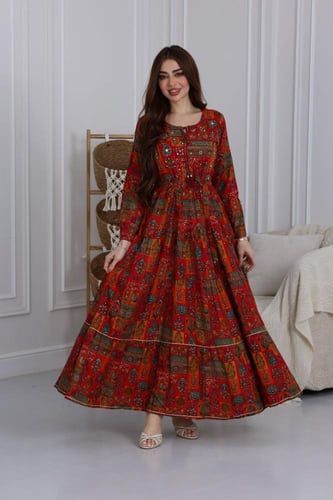 جلابية رايون قطن مشجرة بتطريز خفيف في الصدر