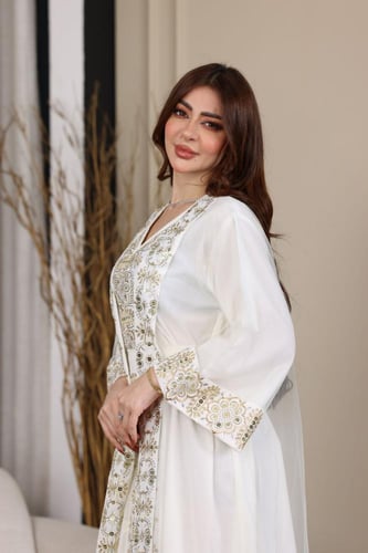 جلابية كويتية لينن قطعتين وبشت من التل المطرز