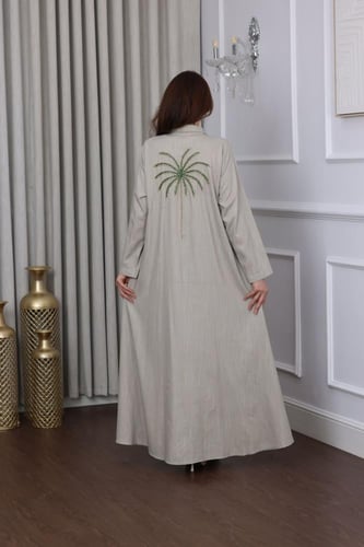 جلابية لينن بتطريز نخلة - تصميم عباية مفتوحة وبطان...