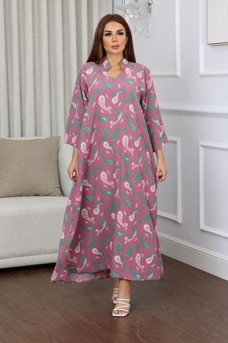 جلابية روز قطن خفيف صيفية طويلة ( رقبة سبعة )