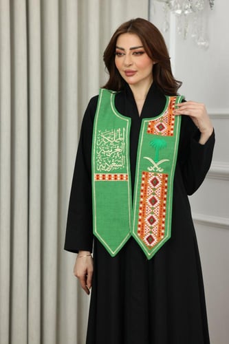 وشاح بخامة الكتان - بتطريز كمبيوتر سيفين ونخلة