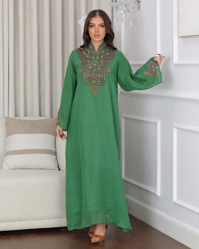 جلابية لينن مبطنة بتطريز شك و كرستال