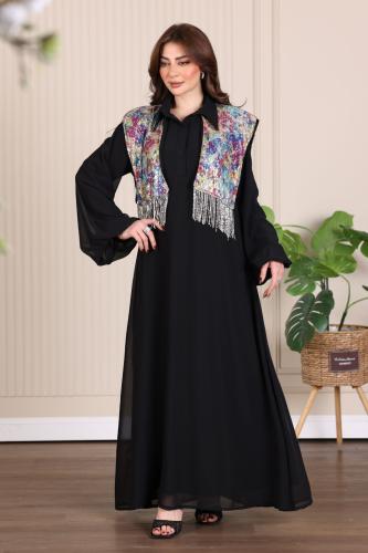 جلابية شيفون مبطن وصدرية ترتر برقبة قلاب