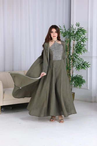 جلابية لينن قطعتين كويتية مطرزة بالفصوص الفضية في...