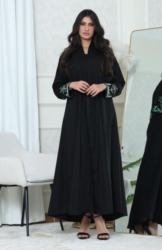 جلابية لينن مفتوحة بتطريز انيق - موديل عباية