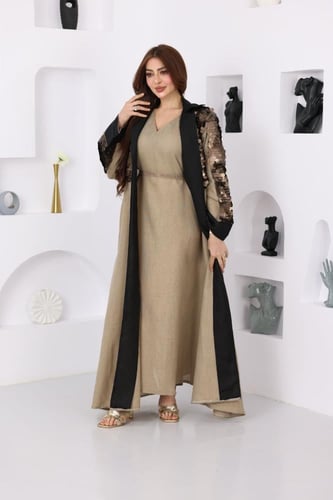 جلابية لينن قطعتين بتدخيلات الترتر وفتحة في الظهر