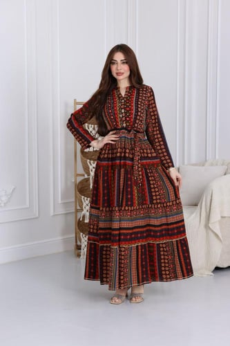 جلابية رايون قطن مشجرة بتطريز خفيف في الصدر