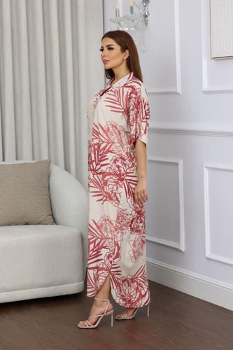 جلابية روز قطن خفيف صيفية طويلة ( رقبة قلاب )