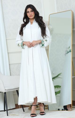 جلابية لينن مفتوحة بتطريز انيق - موديل عباية