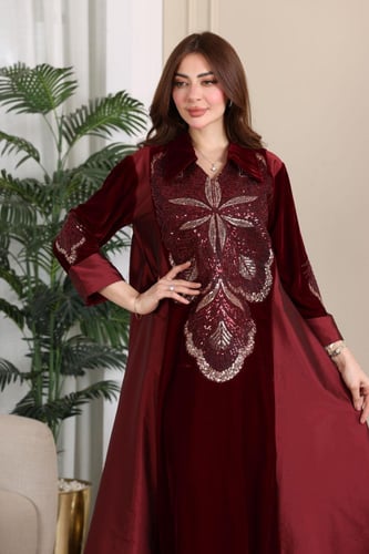 جلابية مخمل ممزوجة بخامة الشانتون في الجوانب وكلفة...