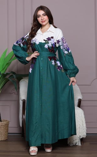 جلابية لينن أنيقة بتطريز مورد