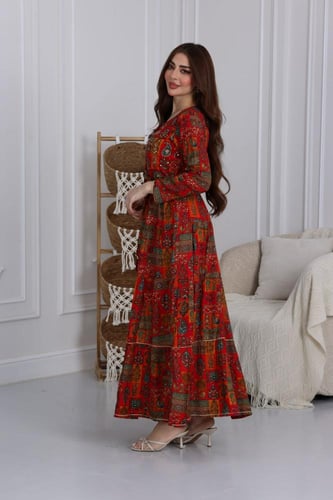 جلابية رايون قطن مشجرة بتطريز خفيف في الصدر