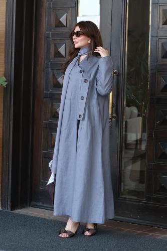 جلابية لينن بإزرار جانبية وطرحة (موديل عباية)