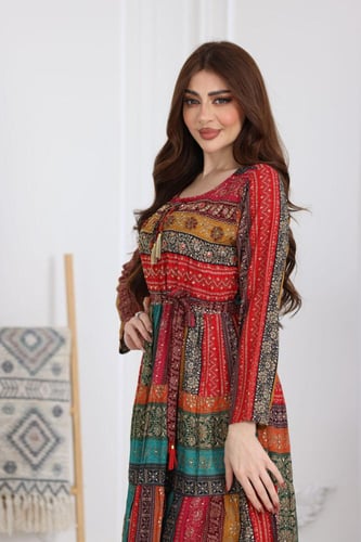 جلابية رايون قطن مشجرة بتطريز خفيف في الصدر