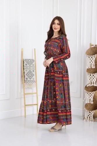 جلابية رايون قطن مشجرة بتطريز خفيف في الصدر