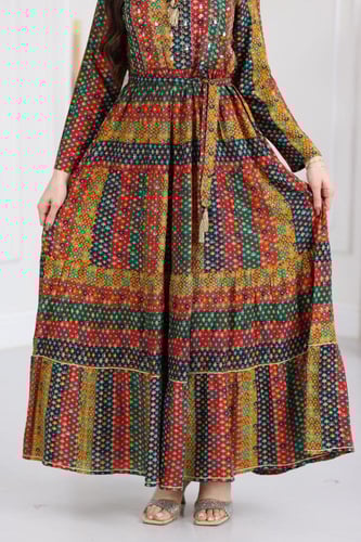 جلابية رايون قطن مشجرة بتطريز خفيف في الصدر