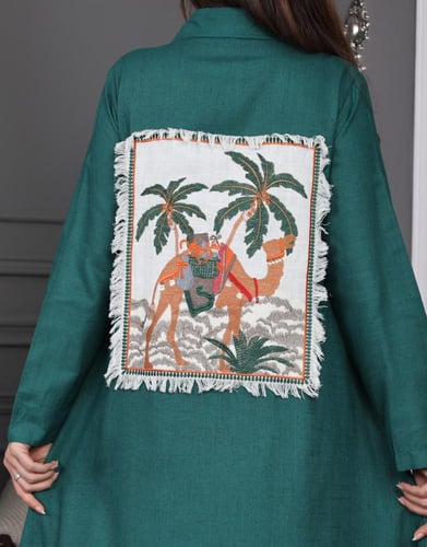 جلابية لينن بصورة في الظهر - تصميم عباية بأزرار كا...