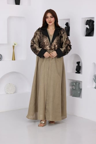 جلابية لينن قطعتين بتدخيلات الترتر وفتحة في الظهر