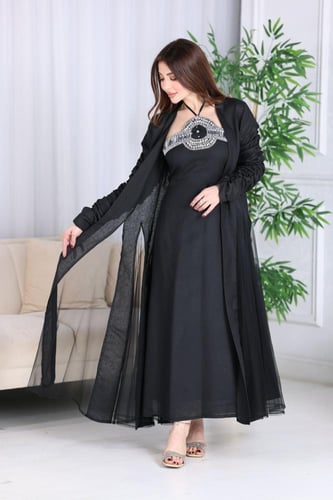 جلابية لينن قطعتين كويتية ممزوجة بالتل بتطريز كرست...