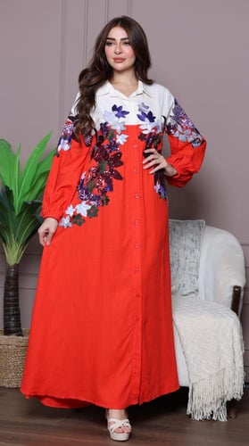 جلابية لينن أنيقة بتطريز مورد