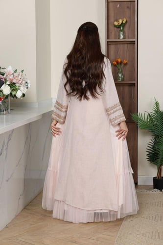 جلابية لينن ببطانة تل وحبال جانبية بتطريز برونزي أ...