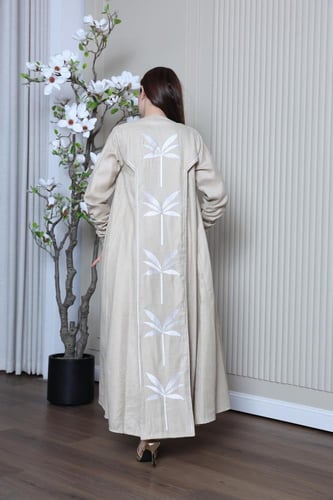 جلابية لينن قطعتين بتطريز نخلة في الظهر