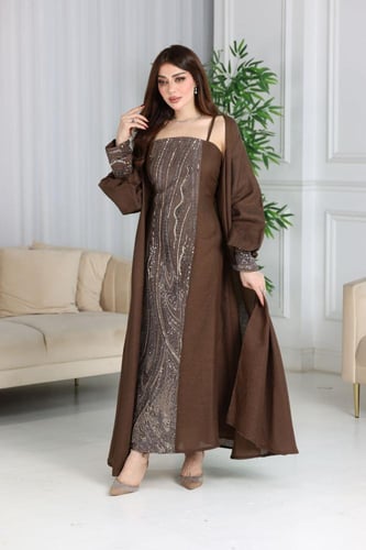 جلابية لينن كويتية قطعتين بكلفة مطرزة بالترتر والف...