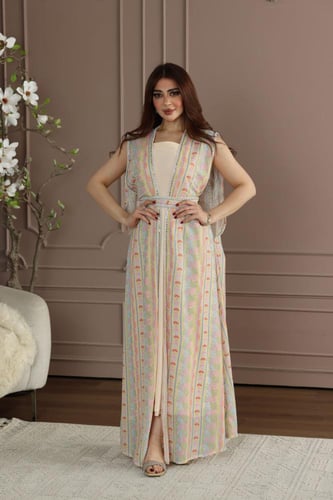 جلابية شيفون منقوش قطعتين وكلفة من اللول