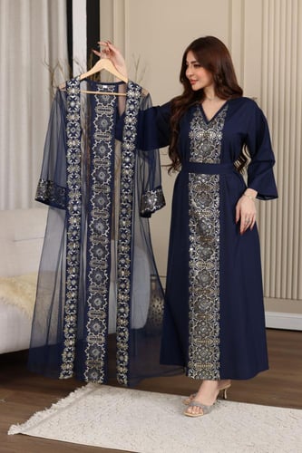 جلابية كويتية لينن قطعتين وبشت من التل المطرز