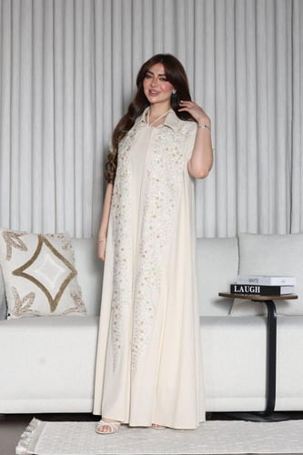 جلابية لينن كت قطعتين بتطريز فخم