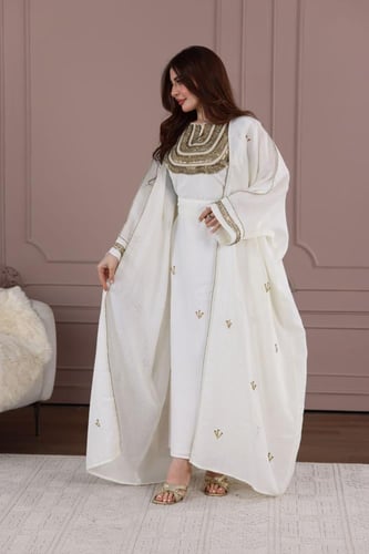 جلابية لينن قطعتين بتطريز شك أنيق