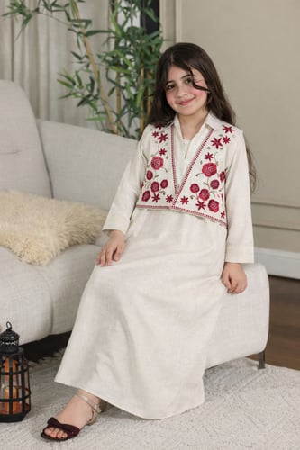 جلابية لينن ( نسائية ) بسديري وتطريز كمبيوتر مورد