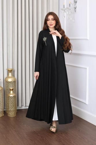 جلابية لينن بتطريز نخلة - تصميم عباية مفتوحة وبطان...