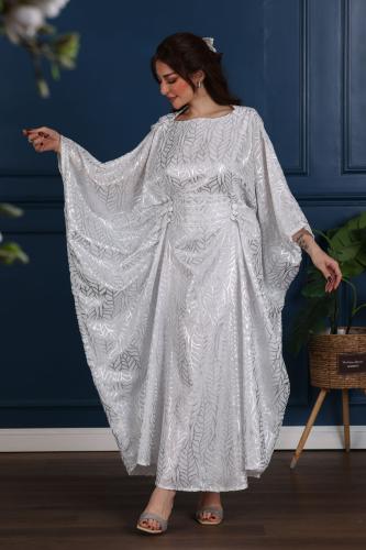 جلابية لينن خيش بنقوش فضية لامعه