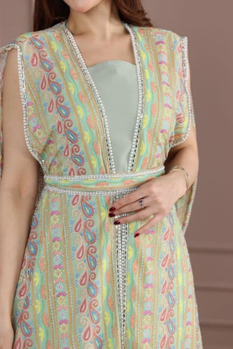 جلابية شيفون منقوش قطعتين وكلفة من اللول