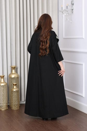 جلابية لينن بوشاح مطرز نخلة وجمل - تصميم عباية مفت...