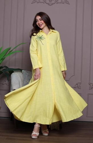 جلابية لينن بتطريز نخلة - تصميم عباية بأزرار كاملة