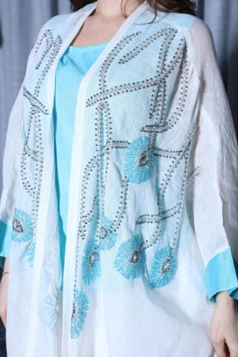 طقم لينن خيش من 3 قطع وتطريز شك في الصدر