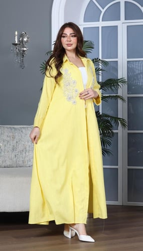 جلابية لينن 3 قطع راقية بتطريز أنيق