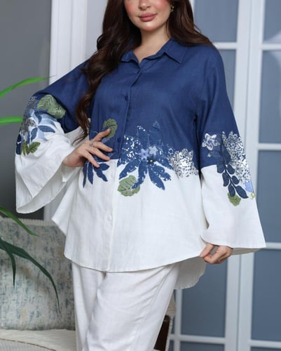 طقم بتطريز مورد واكمام واسعة